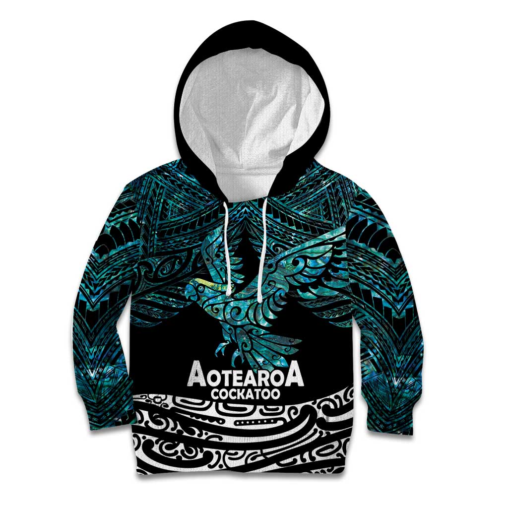 New Zealand Sulphur-crested Cockatoo Kid Hoodie Aotearoa Maori Mix Paua Shell