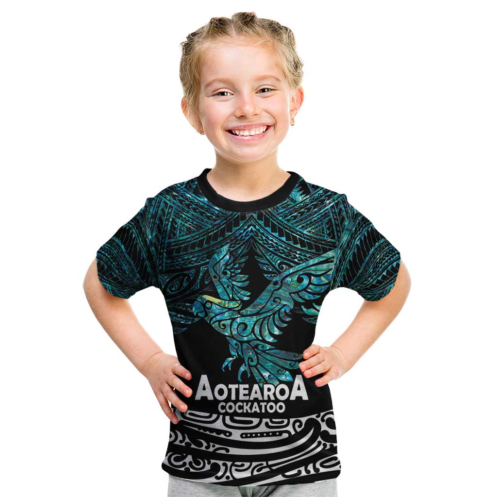 New Zealand Sulphur-crested Cockatoo Kid T Shirt Aotearoa Maori Mix Paua Shell