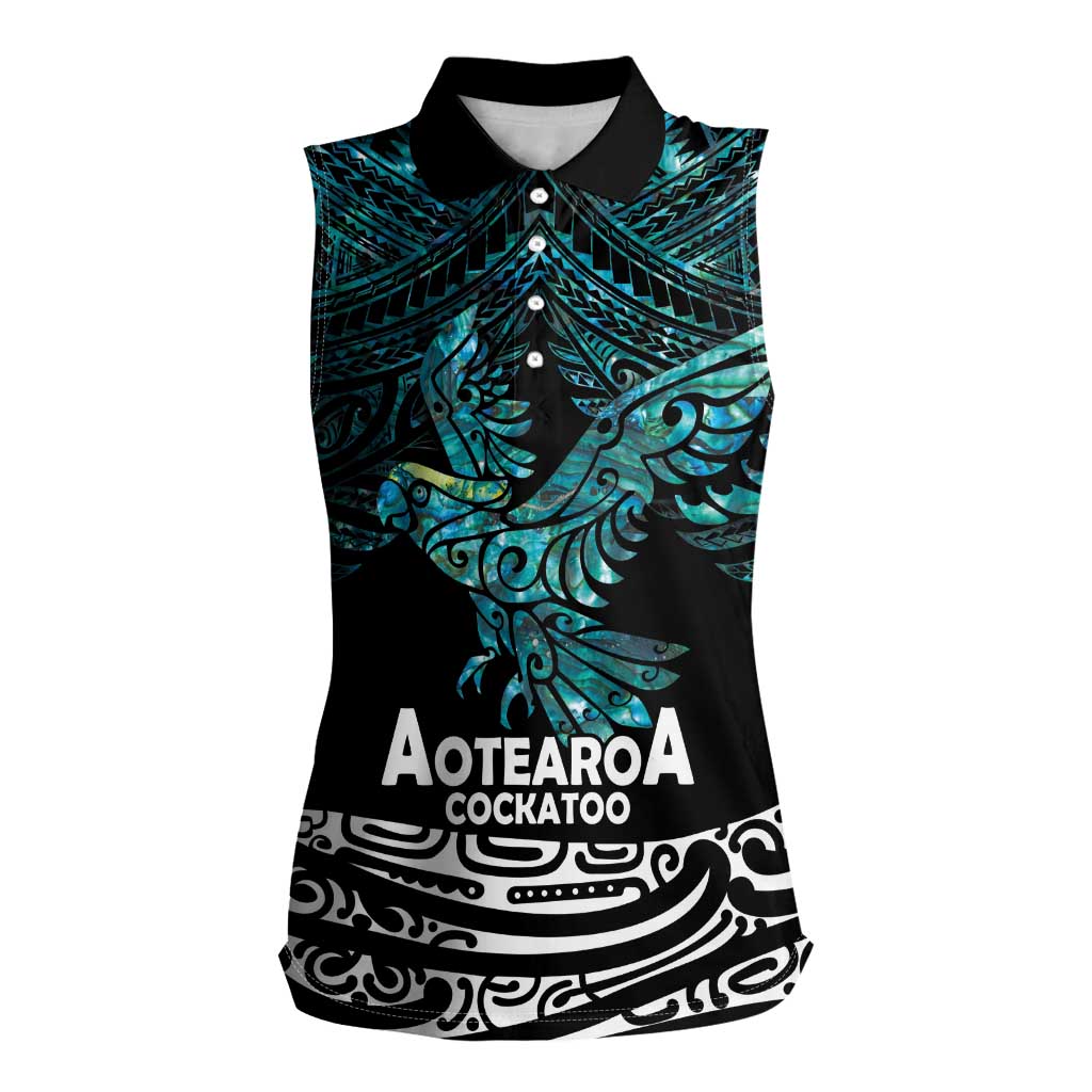 New Zealand Sulphur-crested Cockatoo Women Sleeveless Polo Shirt Aotearoa Maori Mix Paua Shell