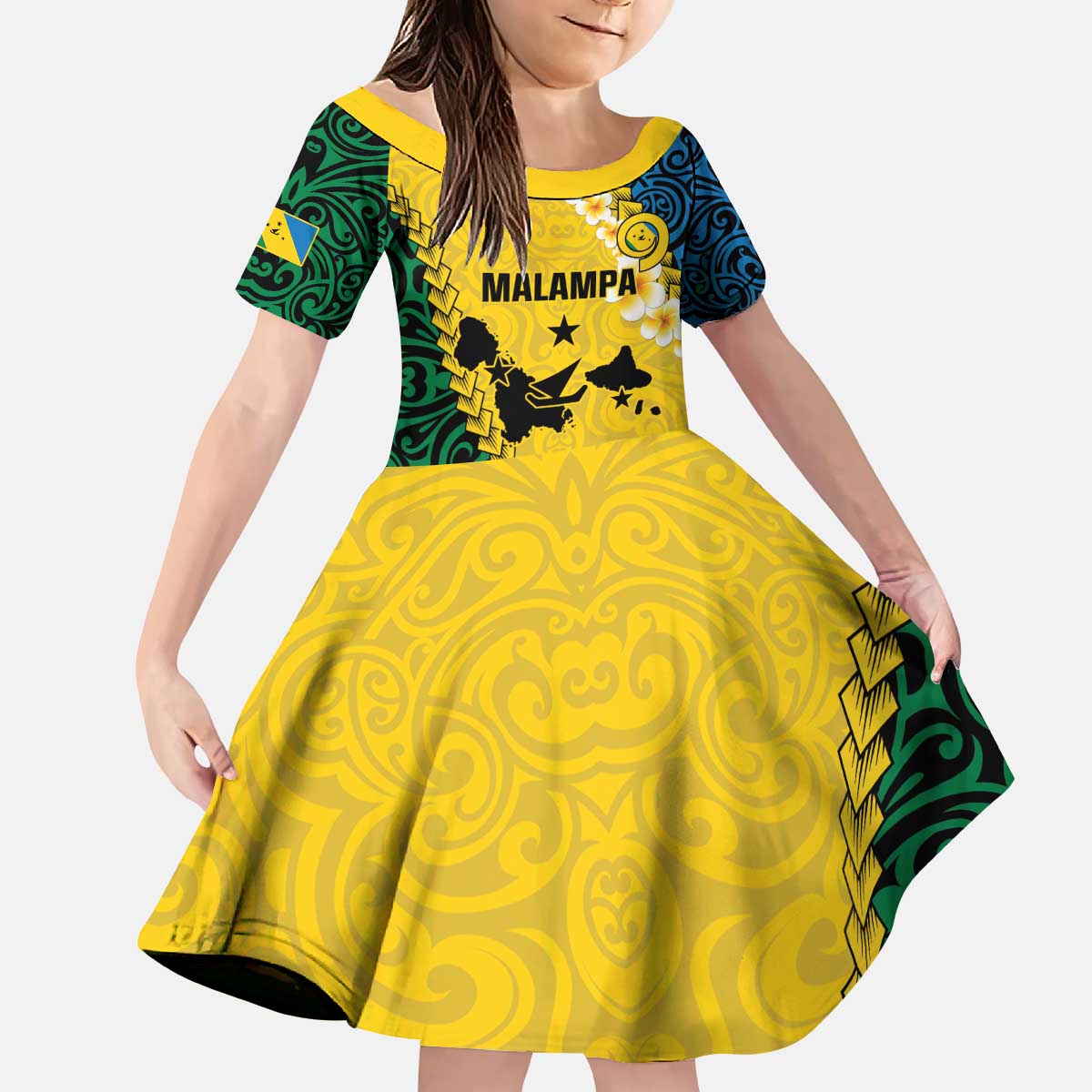 Malampa Province Kid Short Sleeve Dress Vanuatu Map - Plumeria Flag Color LT14 KID Yellow - Polynesian Pride