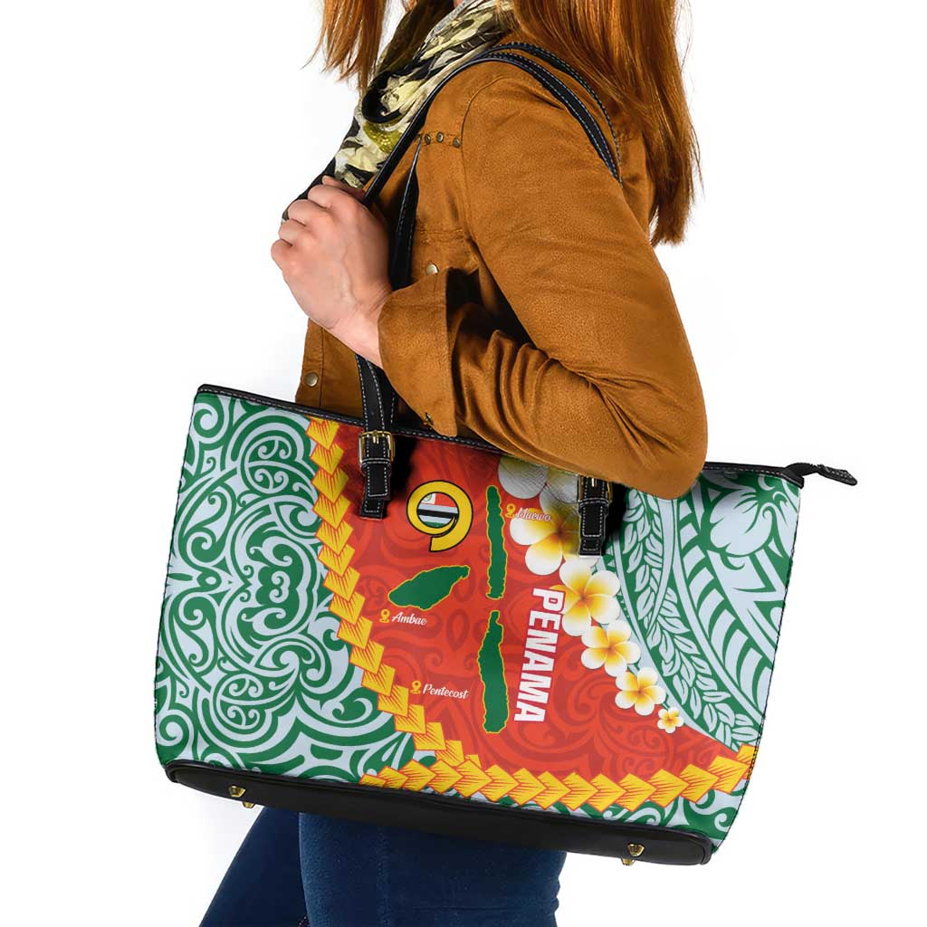 Penama Province Leather Tote Bag Vanuatu Map - Plumeria Flag Color LT14 Red - Polynesian Pride