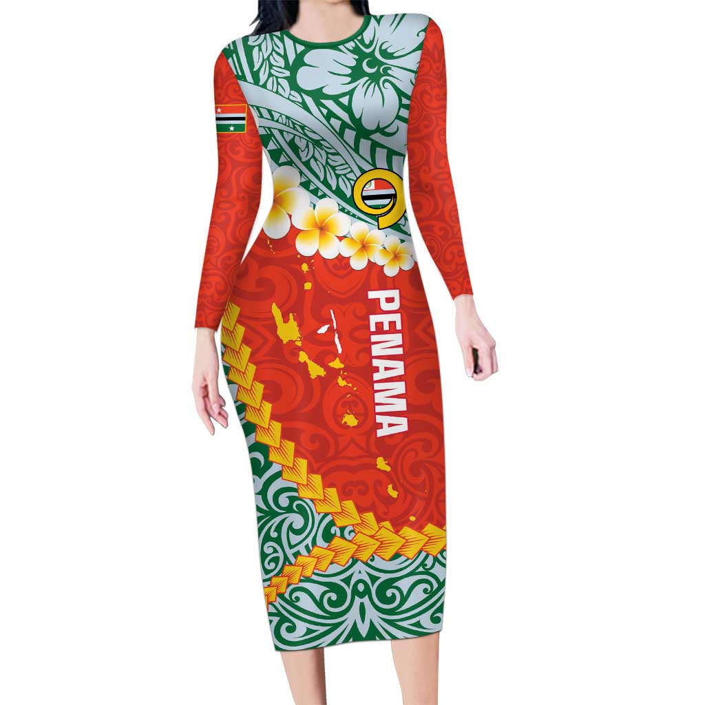 Penama Province Long Sleeve Bodycon Dress Vanuatu Map - Plumeria Flag Color LT14 Long Dress Red - Polynesian Pride