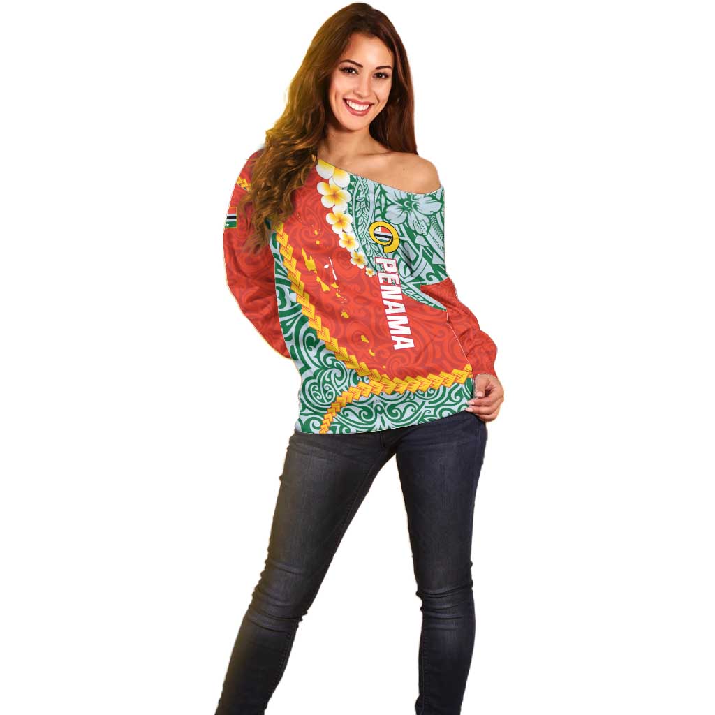 Penama Province Off Shoulder Sweater Vanuatu Map - Plumeria Flag Color LT14 - Polynesian Pride