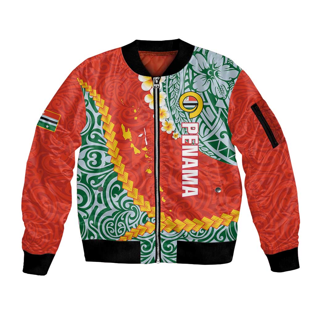 Penama Province Sleeve Zip Bomber Jacket Vanuatu Map - Plumeria Flag Color LT14 Unisex Red - Polynesian Pride