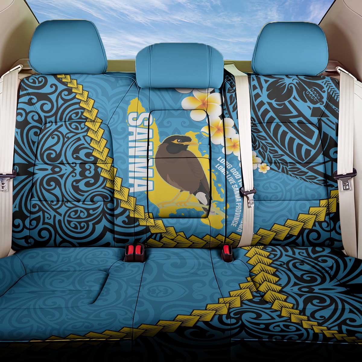 Sanma Province Back Car Seat Cover Vanuatu Pattern Myna Bird - Plumeria Flag Color LT14 One Size Blue - Polynesian Pride