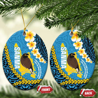 Sanma Province Ceramic Ornament Vanuatu Pattern Myna Bird - Plumeria Flag Color LT14 Oval Blue - Polynesian Pride
