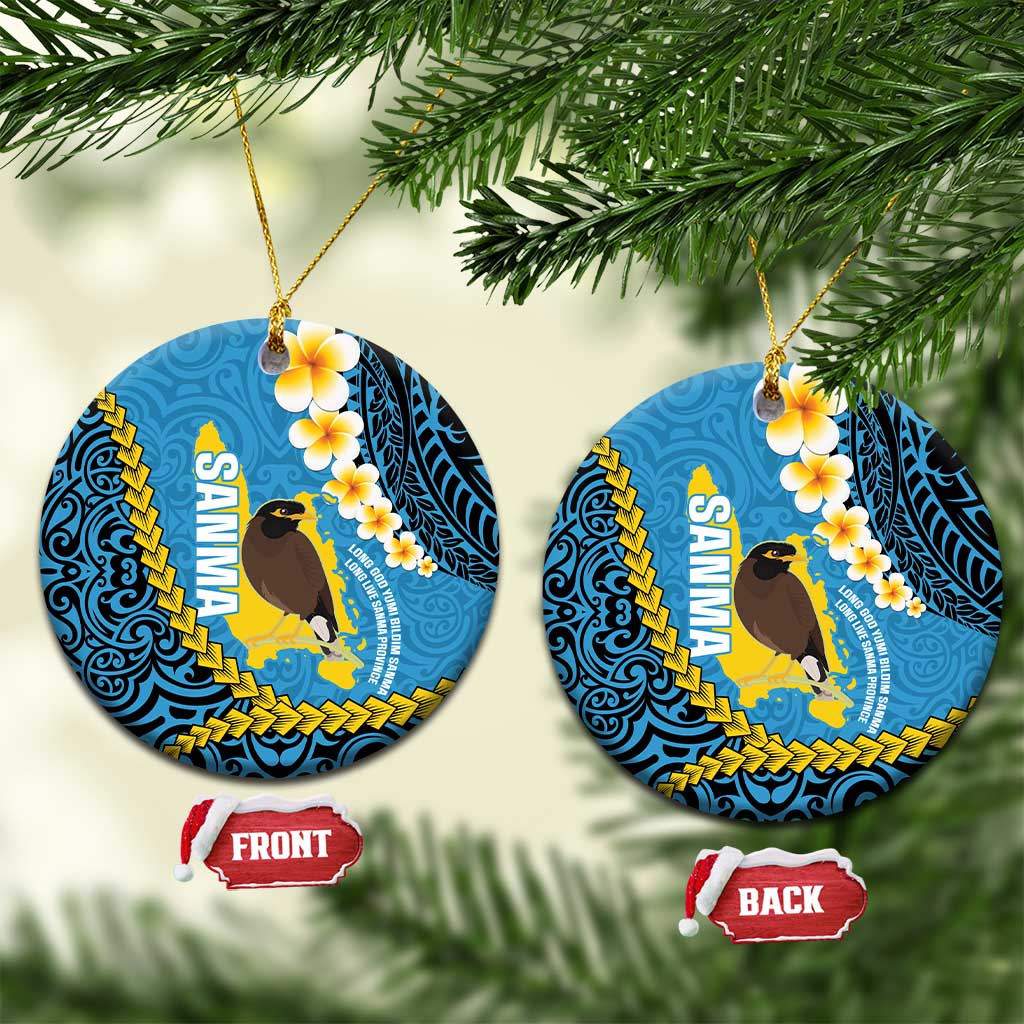 Sanma Province Ceramic Ornament Vanuatu Pattern Myna Bird - Plumeria Flag Color LT14 Circle Blue - Polynesian Pride