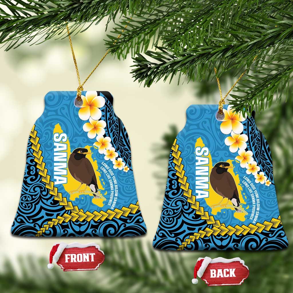 Sanma Province Ceramic Ornament Vanuatu Pattern Myna Bird - Plumeria Flag Color LT14 Bell Flake Blue - Polynesian Pride