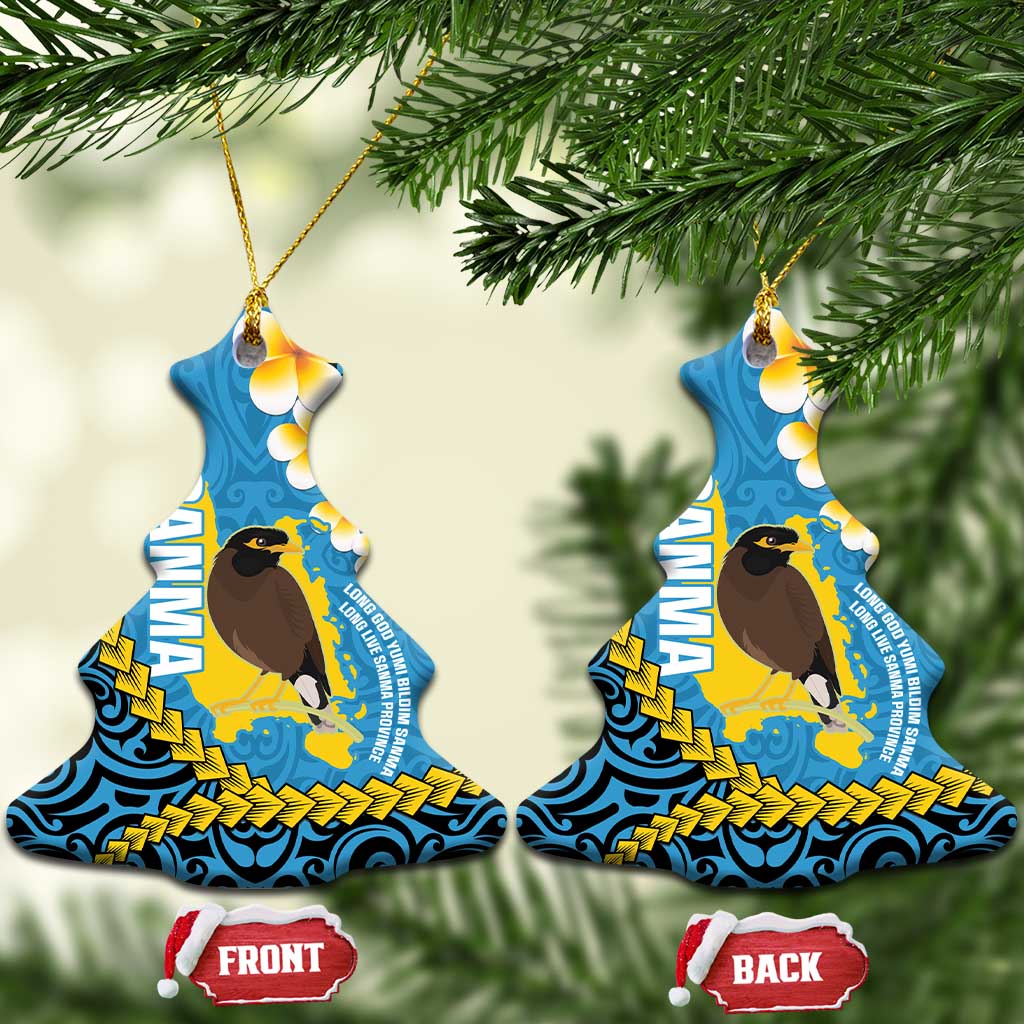 Sanma Province Ceramic Ornament Vanuatu Pattern Myna Bird - Plumeria Flag Color LT14 Christmas Tree Blue - Polynesian Pride