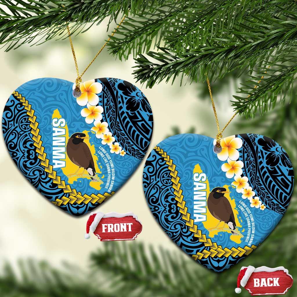 Sanma Province Ceramic Ornament Vanuatu Pattern Myna Bird - Plumeria Flag Color LT14 Heart Blue - Polynesian Pride