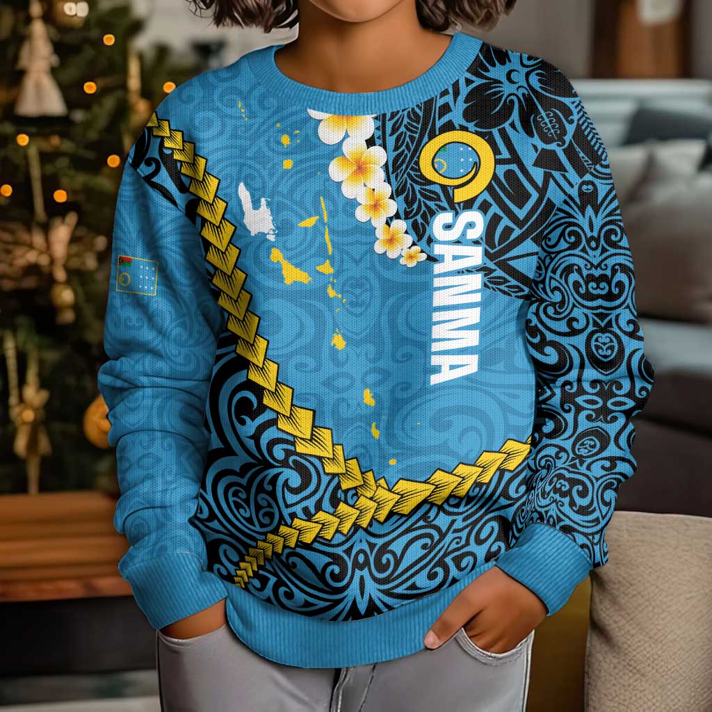 Sanma Province Kid Ugly Christmas Sweater Vanuatu Pattern Myna Bird - Plumeria Flag Color LT14 - Polynesian Pride