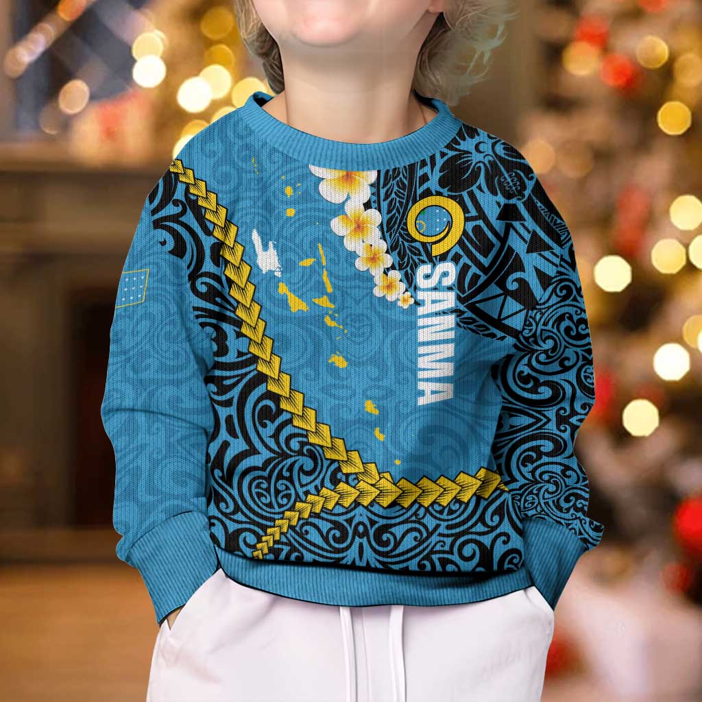 Sanma Province Kid Ugly Christmas Sweater Vanuatu Pattern Myna Bird - Plumeria Flag Color LT14 - Polynesian Pride