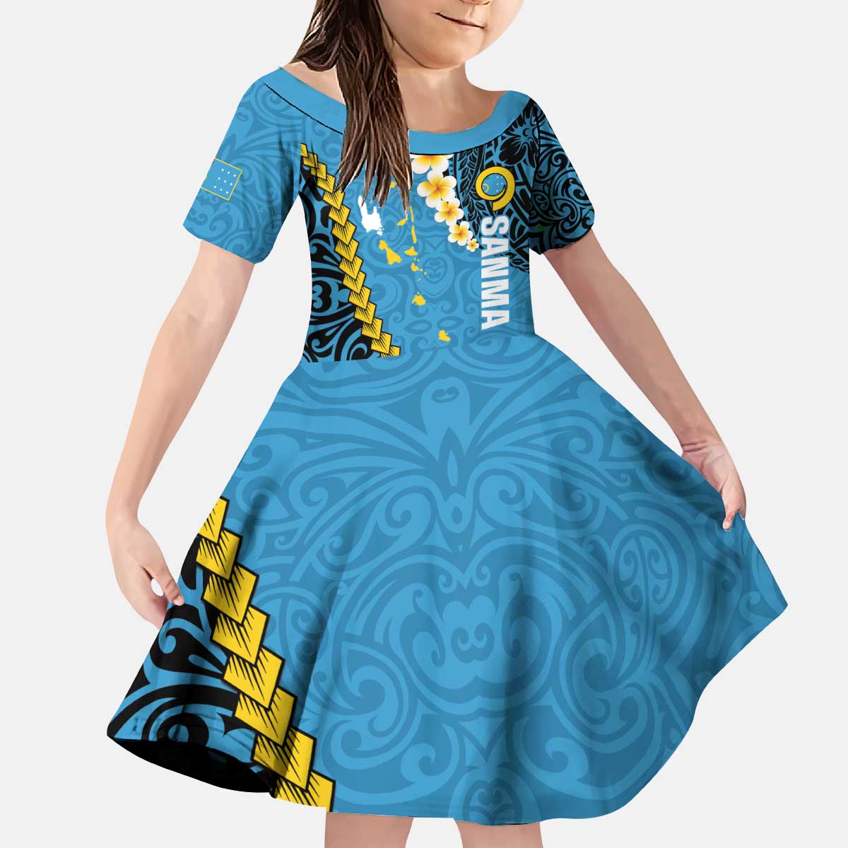 Sanma Province Kid Short Sleeve Dress Vanuatu Pattern Myna Bird - Plumeria Flag Color LT14 KID Blue - Polynesian Pride