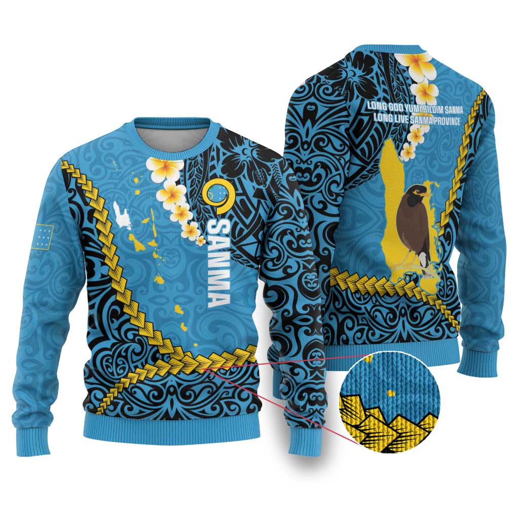 Sanma Province Ugly Christmas Sweater Vanuatu Pattern Myna Bird - Plumeria Flag Color LT14 Blue - Polynesian Pride
