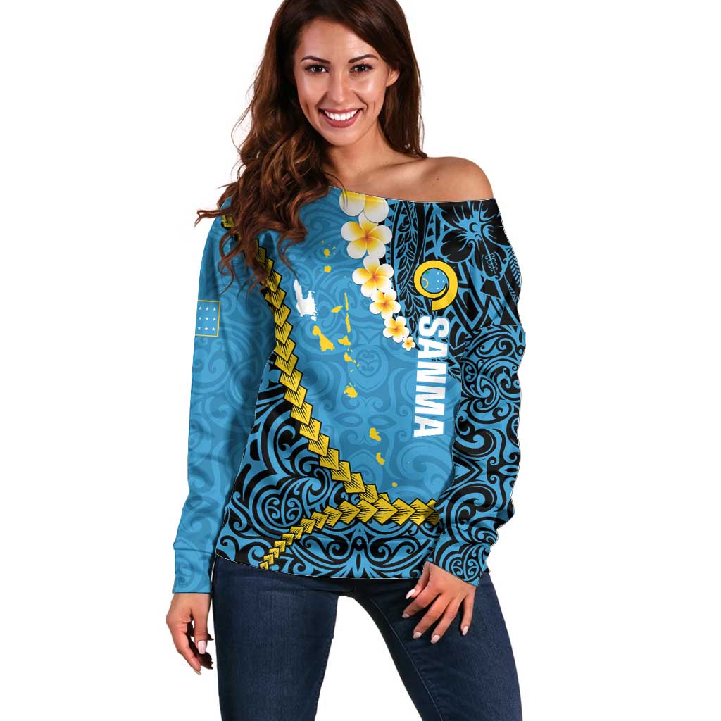 Sanma Province Off Shoulder Sweater Vanuatu Pattern Myna Bird - Plumeria Flag Color LT14 Women Blue - Polynesian Pride