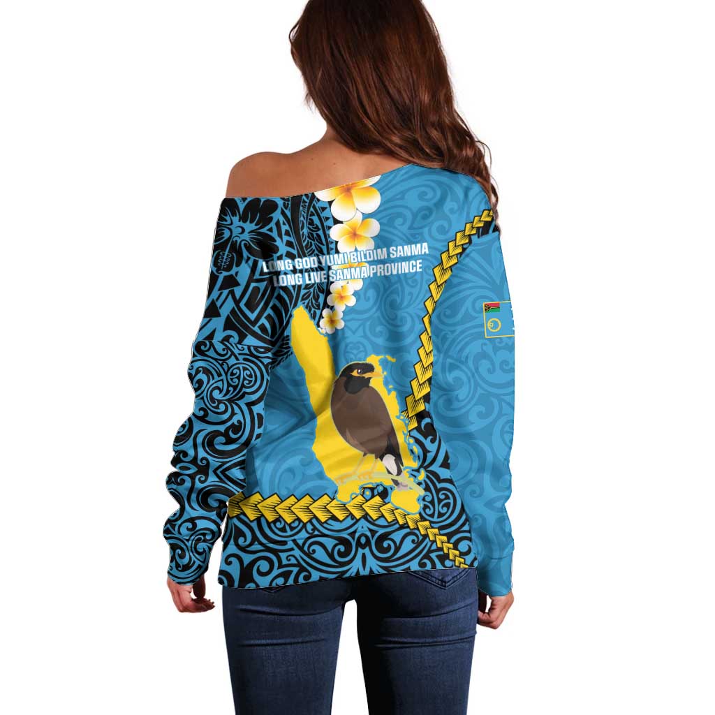 Sanma Province Off Shoulder Sweater Vanuatu Pattern Myna Bird - Plumeria Flag Color LT14 - Polynesian Pride