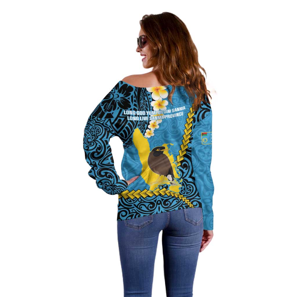 Sanma Province Off Shoulder Sweater Vanuatu Pattern Myna Bird - Plumeria Flag Color LT14 - Polynesian Pride
