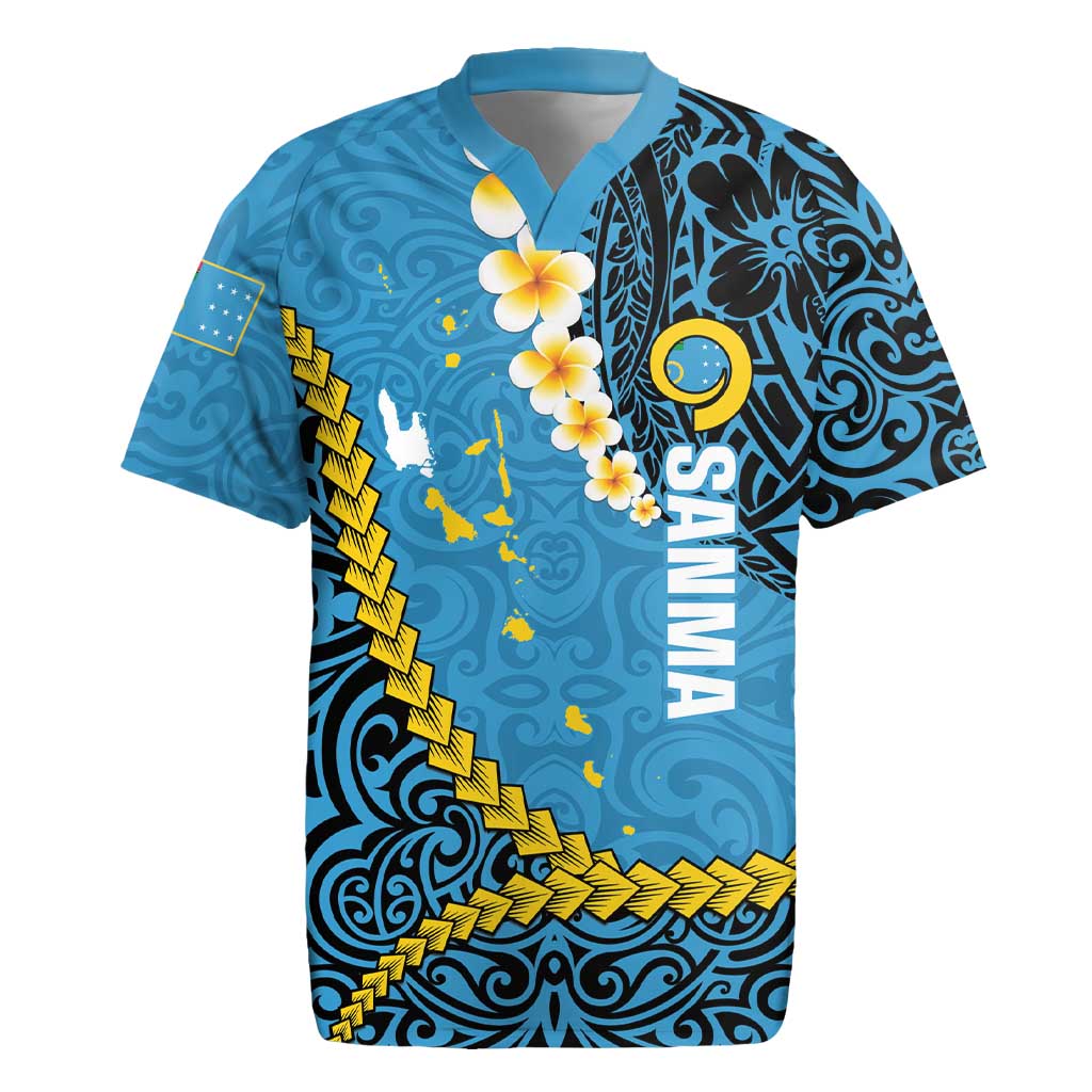 Sanma Province Rugby Jersey Vanuatu Pattern Myna Bird - Plumeria Flag Color LT14 Blue - Polynesian Pride