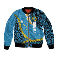Sanma Province Sleeve Zip Bomber Jacket Vanuatu Pattern Myna Bird - Plumeria Flag Color LT14 Unisex Blue - Polynesian Pride