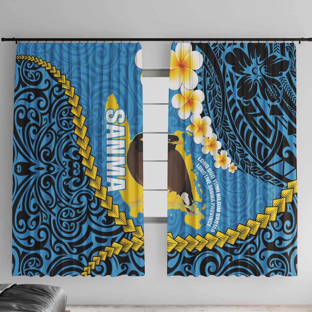 Sanma Province Window Curtain Vanuatu Pattern Myna Bird - Plumeria Flag Color LT14 With Hooks Blue - Polynesian Pride