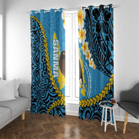 Sanma Province Window Curtain Vanuatu Pattern Myna Bird - Plumeria Flag Color LT14 With Grommets Blue - Polynesian Pride