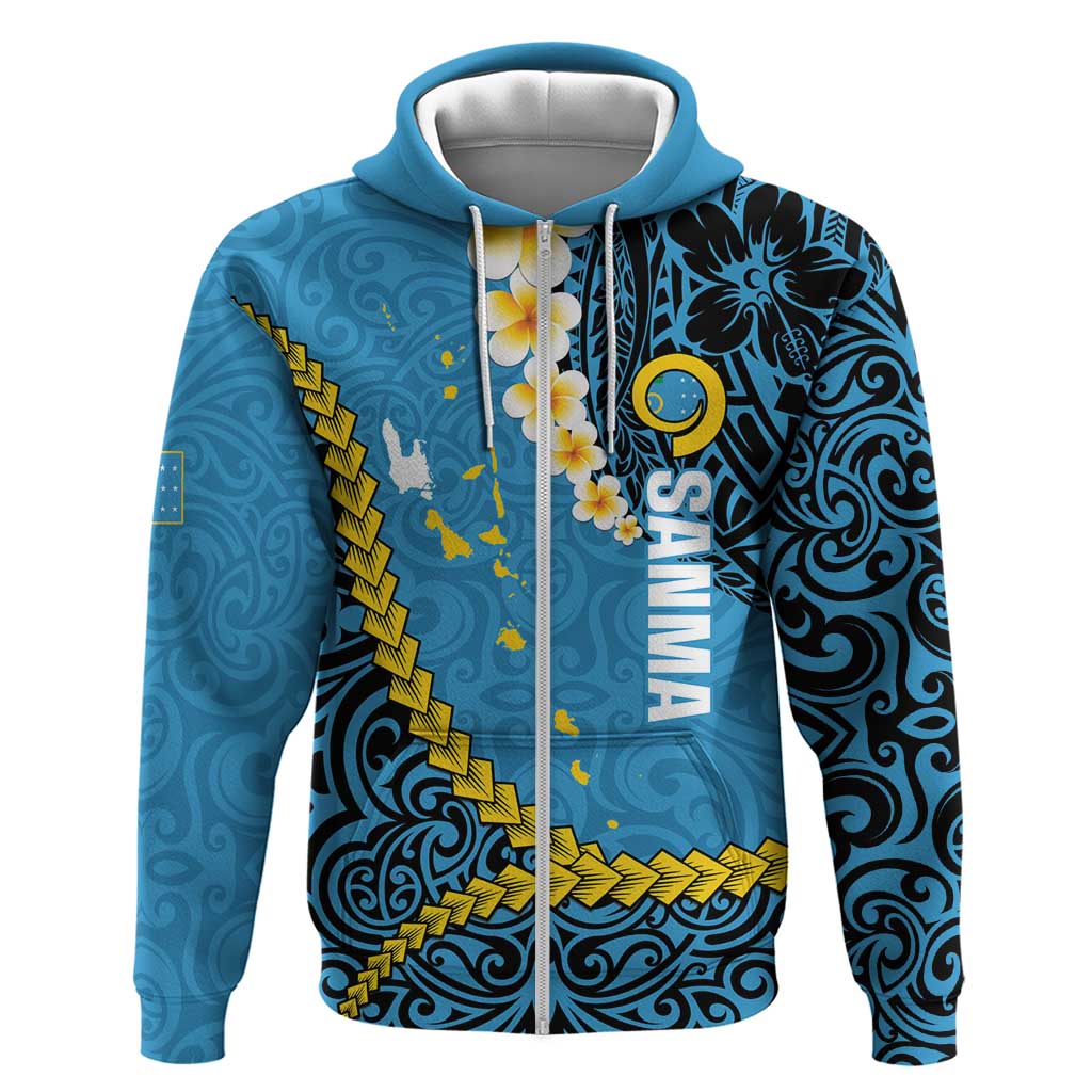 Sanma Province Zip Hoodie Vanuatu Pattern Myna Bird - Plumeria Flag Color LT14 Zip Hoodie Blue - Polynesian Pride