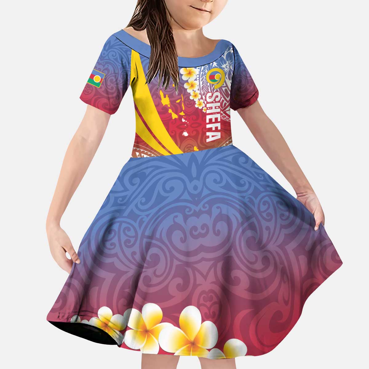 Shefa Province Kid Short Sleeve Dress Vanuatu Pattern Map - Plumeria Flag Color LT14 KID Red - Polynesian Pride