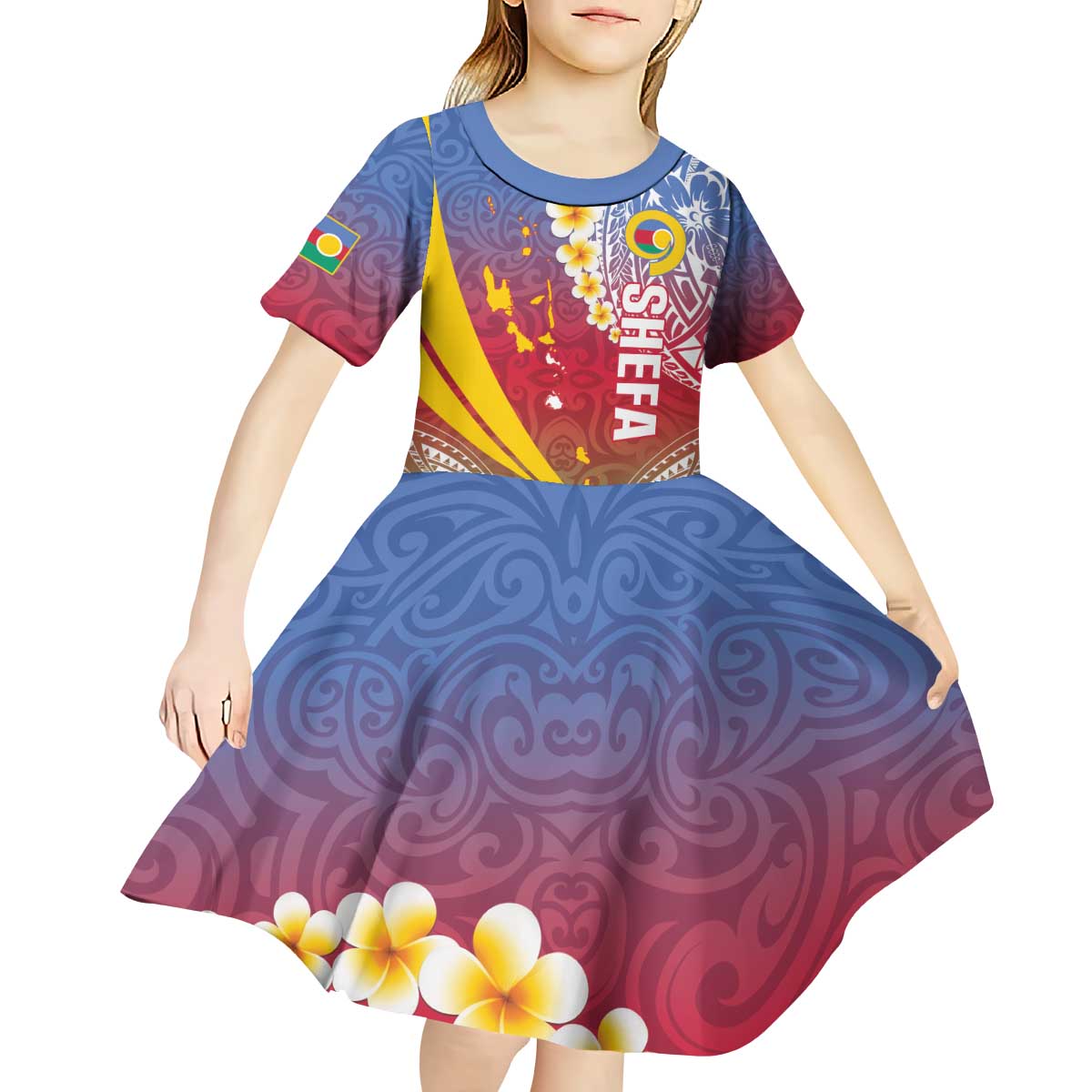 Shefa Province Kid Short Sleeve Dress Vanuatu Pattern Map - Plumeria Flag Color LT14 - Polynesian Pride