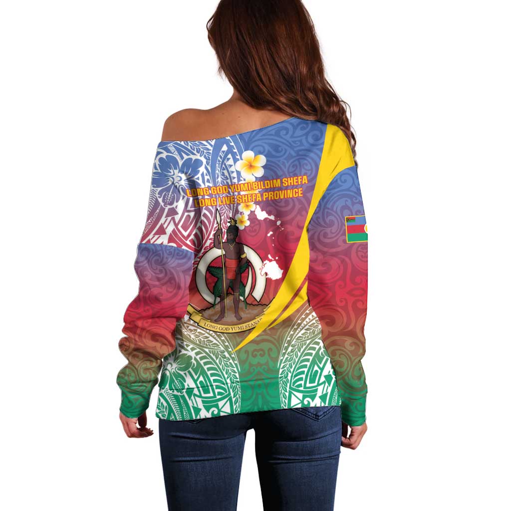 Shefa Province Off Shoulder Sweater Vanuatu Pattern Map - Plumeria Flag Color LT14 - Polynesian Pride