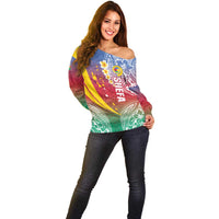 Shefa Province Off Shoulder Sweater Vanuatu Pattern Map - Plumeria Flag Color LT14 - Polynesian Pride