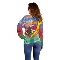 Shefa Province Off Shoulder Sweater Vanuatu Pattern Map - Plumeria Flag Color LT14 - Polynesian Pride