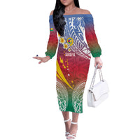 Shefa Province Off The Shoulder Long Sleeve Dress Vanuatu Pattern Map - Plumeria Flag Color LT14 Women Red - Polynesian Pride
