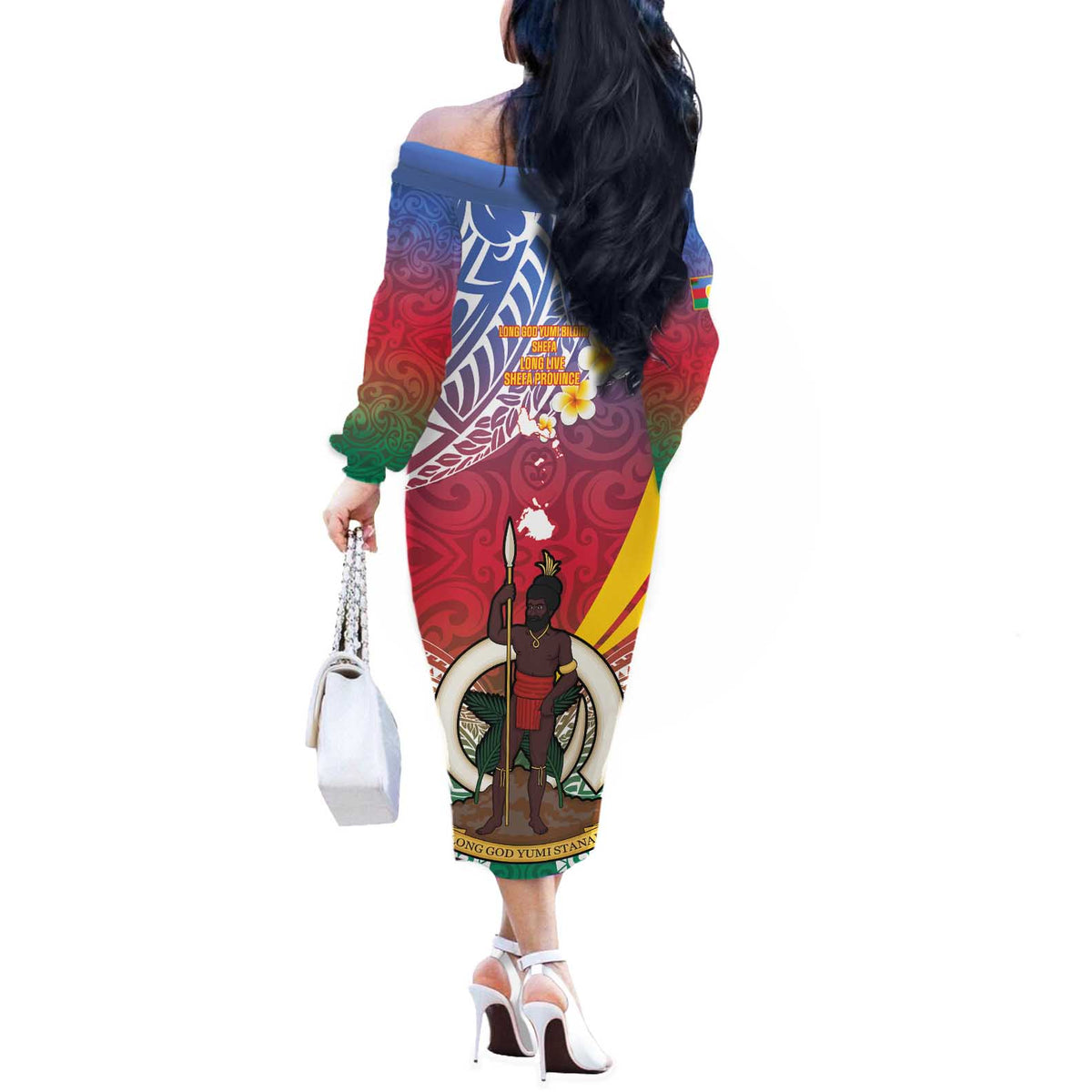 Shefa Province Off The Shoulder Long Sleeve Dress Vanuatu Pattern Map - Plumeria Flag Color LT14 - Polynesian Pride