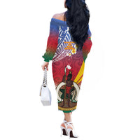 Shefa Province Off The Shoulder Long Sleeve Dress Vanuatu Pattern Map - Plumeria Flag Color LT14 - Polynesian Pride