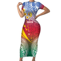 Shefa Province Short Sleeve Bodycon Dress Vanuatu Pattern Map - Plumeria Flag Color LT14 Long Dress Red - Polynesian Pride