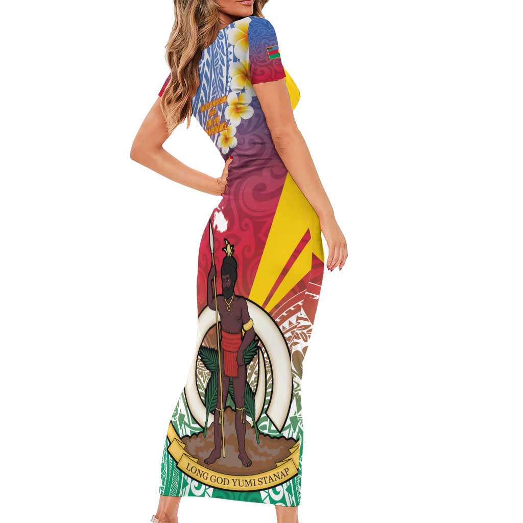 Shefa Province Short Sleeve Bodycon Dress Vanuatu Pattern Map - Plumeria Flag Color LT14 - Polynesian Pride