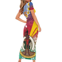 Shefa Province Short Sleeve Bodycon Dress Vanuatu Pattern Map - Plumeria Flag Color LT14 - Polynesian Pride