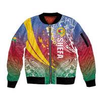 Shefa Province Sleeve Zip Bomber Jacket Vanuatu Pattern Map - Plumeria Flag Color LT14 Unisex Red - Polynesian Pride