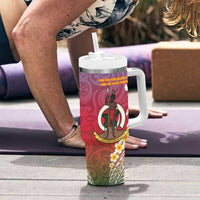 Shefa Province Tumbler With Handle Vanuatu Pattern Map With Plumeria Flag Color LT14 - Polynesian Pride