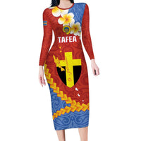 Tafea Province Long Sleeve Bodycon Dress Vanuatu Pattern Map - Plumeria Flag Color LT14 Long Dress Red - Polynesian Pride