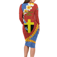 Tafea Province Long Sleeve Bodycon Dress Vanuatu Pattern Map - Plumeria Flag Color LT14 - Polynesian Pride
