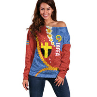 Tafea Province Off Shoulder Sweater Vanuatu Pattern Map - Plumeria Flag Color LT14 Women Red - Polynesian Pride