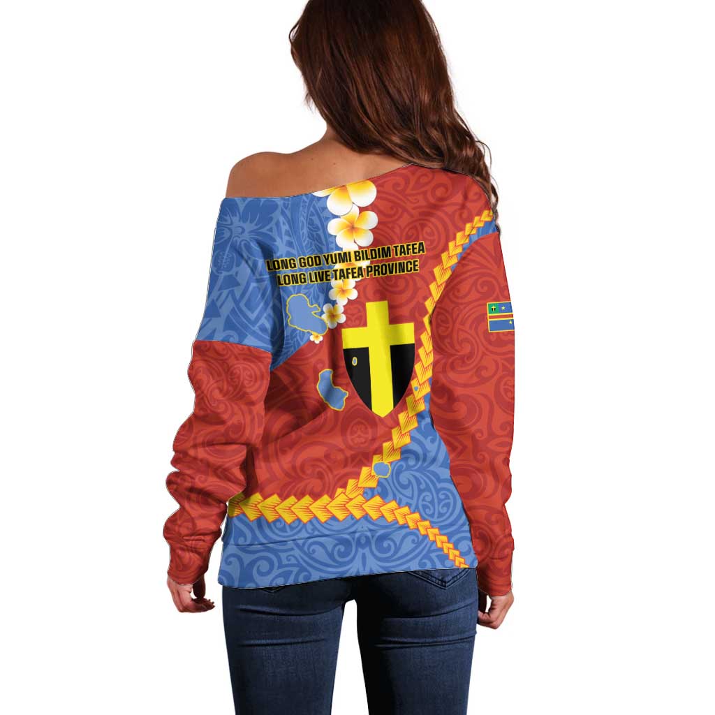 Tafea Province Off Shoulder Sweater Vanuatu Pattern Map - Plumeria Flag Color LT14 - Polynesian Pride