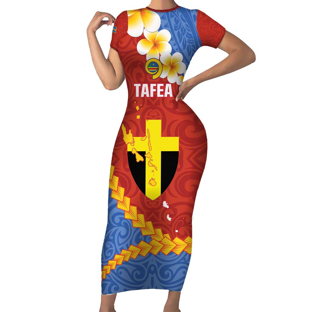 Tafea Province Short Sleeve Bodycon Dress Vanuatu Pattern Map - Plumeria Flag Color LT14 Long Dress Red - Polynesian Pride