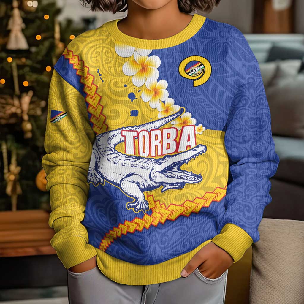Torba Province Kid Ugly Christmas Sweater Vanuatu Pattern Crocodile - Plumeria Flag Color LT14 - Polynesian Pride