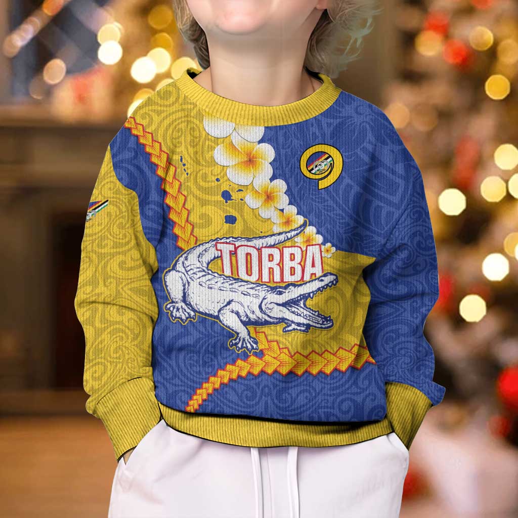 Torba Province Kid Ugly Christmas Sweater Vanuatu Pattern Crocodile - Plumeria Flag Color LT14 - Polynesian Pride
