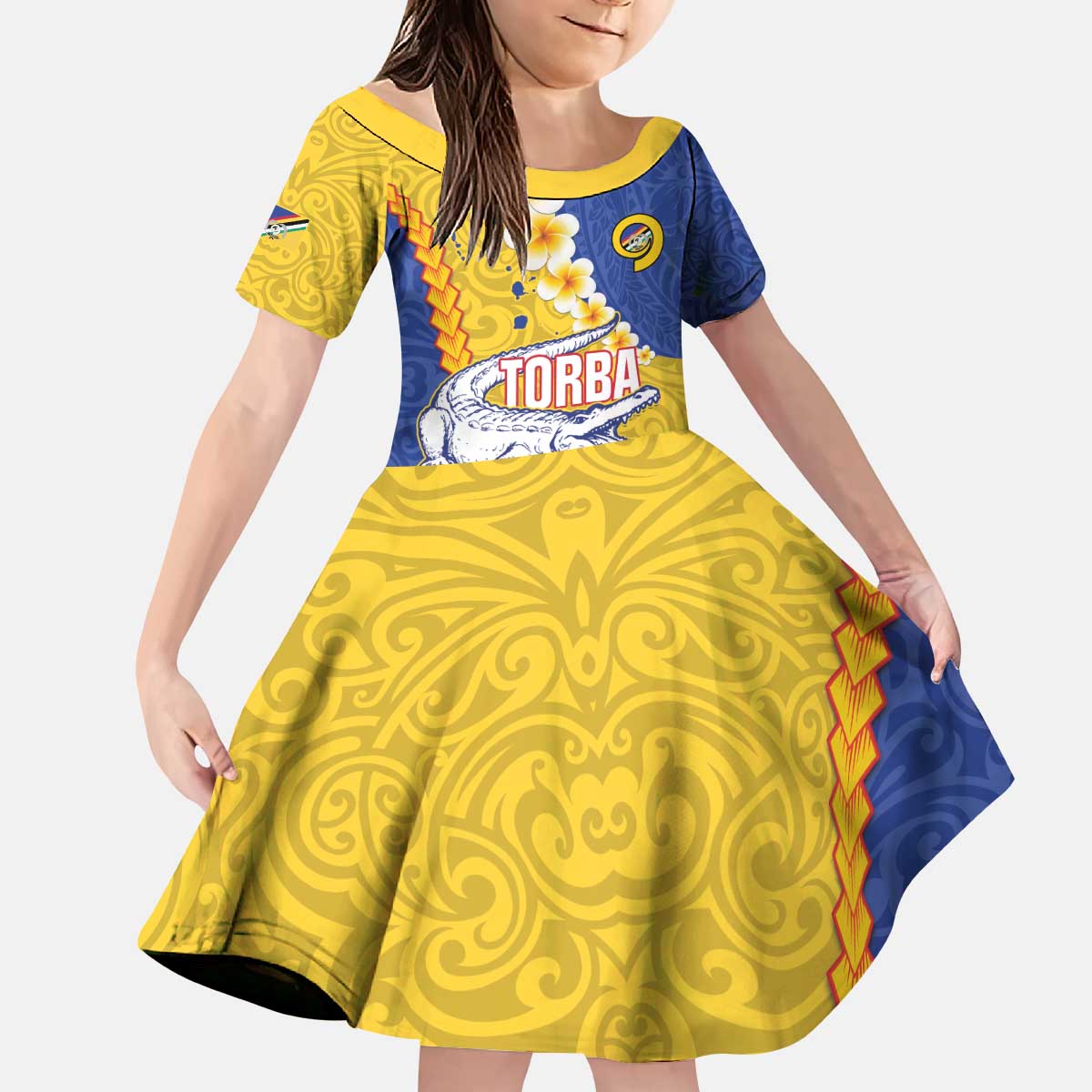 Torba Province Kid Short Sleeve Dress Vanuatu Pattern Crocodile - Plumeria Flag Color LT14 KID Yellow - Polynesian Pride