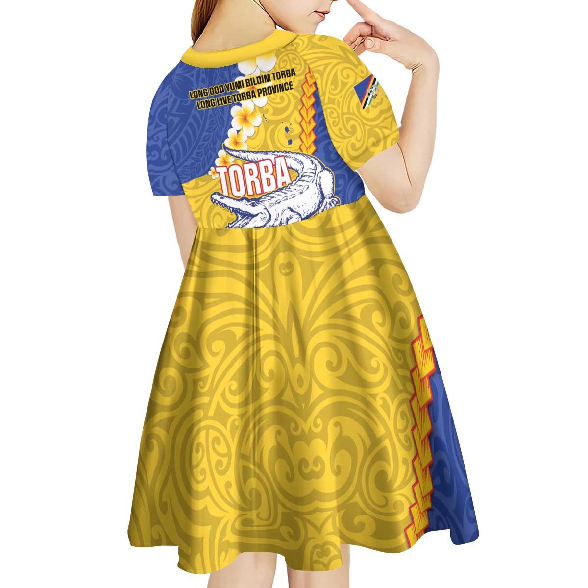 Torba Province Kid Short Sleeve Dress Vanuatu Pattern Crocodile - Plumeria Flag Color LT14 - Polynesian Pride