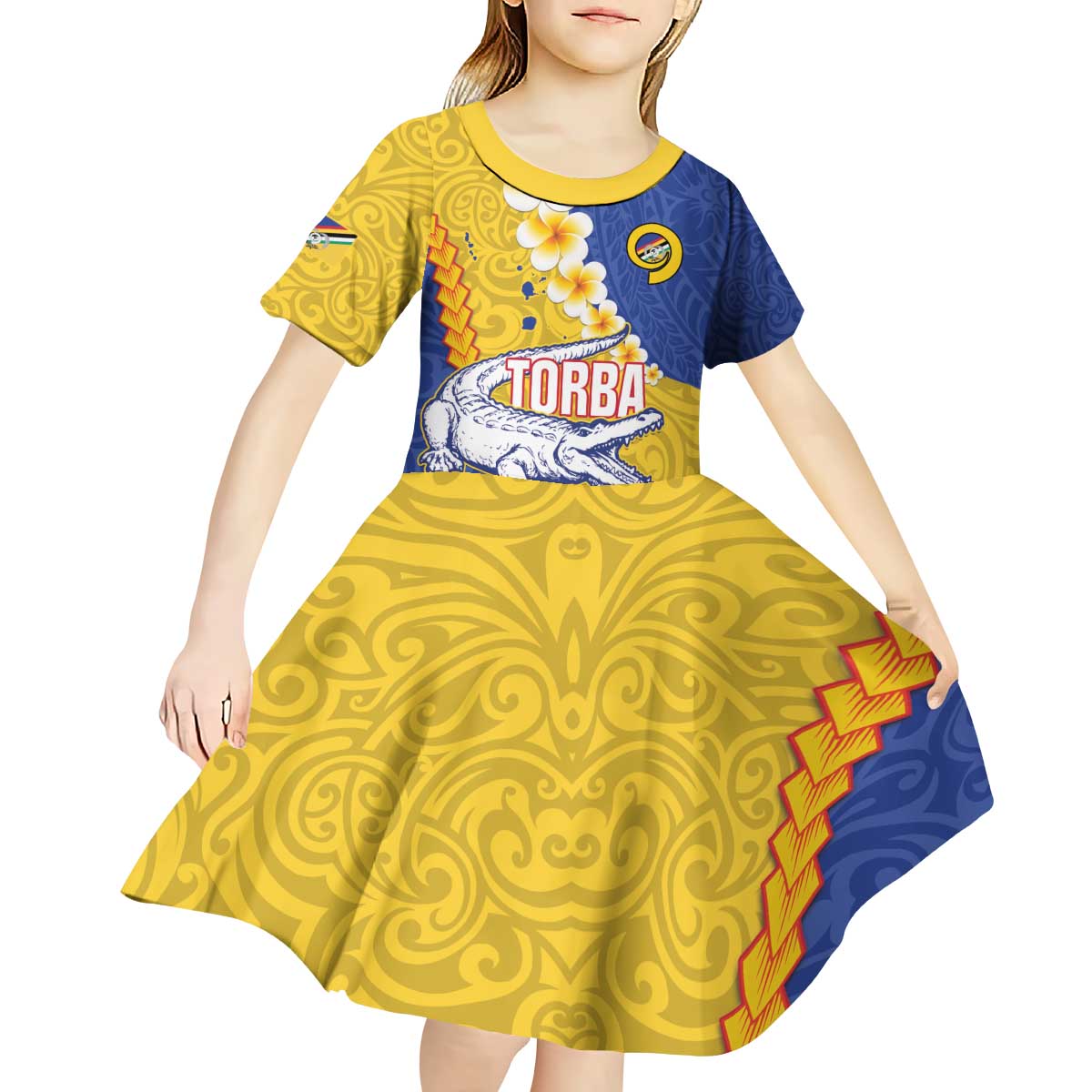 Torba Province Kid Short Sleeve Dress Vanuatu Pattern Crocodile - Plumeria Flag Color LT14 - Polynesian Pride