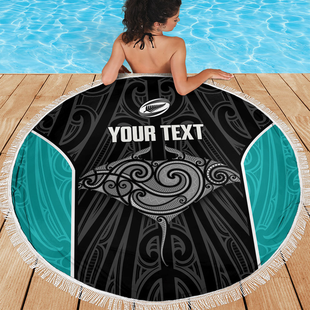 Custom New Zealand Stingray Oztag Beach Blanket Tag Rugby Maori Pattern Black Version LT14 - Polynesian Pride